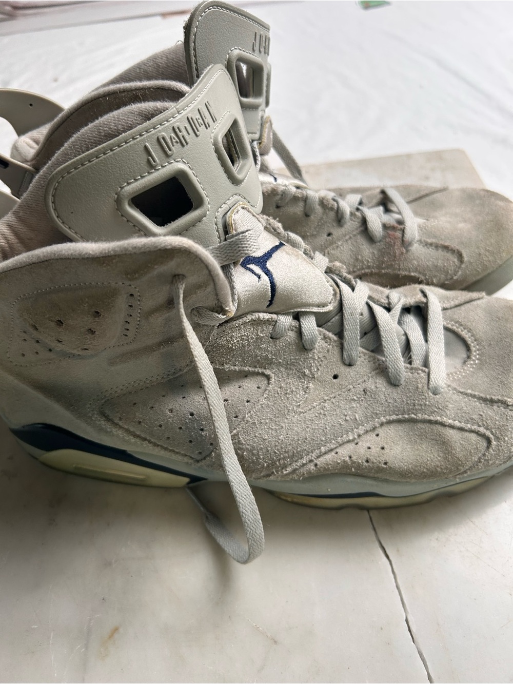 Air Jordan Retro 7 Suede Sneakers in Light Gray with Navy Jumpman 14 Mens - Picture 2 of 14
